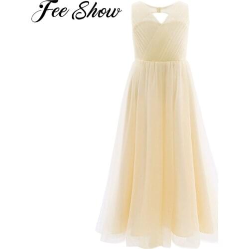 Champagne Girls Mesh Cutout Back Flower Girl Dress Tulle Turquoise for Beach Wedding Clothes For Children 10 14 Birthday 4-14Y