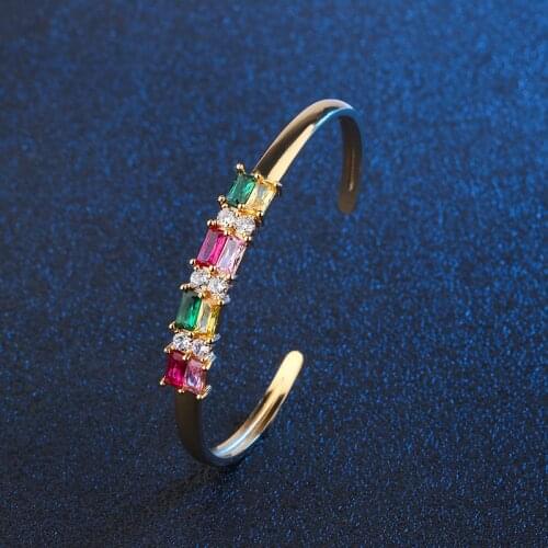 Luxury Colourful Geometry CZ Bangles Gold Color Copper Green Crystal Glass Stone Trendy Open Bracelet Women Sweet Jewelry