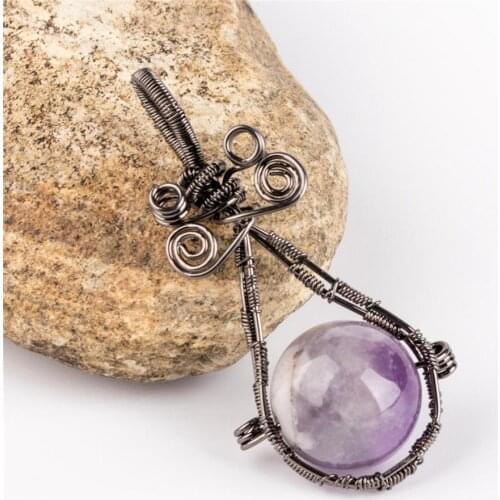 Retail 1pc Natural stone Hand-wrapped natural crystal obsidian agates round bead winding water drop creative pendant