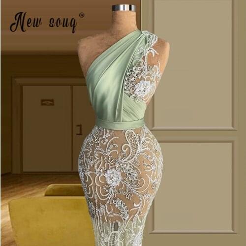 One Shoulder Sexy Lace Mermaid Evening Dresses Illusion Satin Prom Dress Beads Rhinestones Party Gown Celebrity Red Carpet Dress