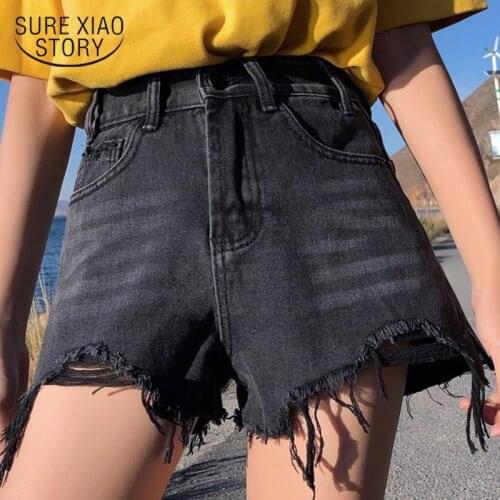 Women 2019 Streetwear Denim Shorts High Waist Ripped Cool Blue And Black Shorts With Tassel Pockets Mini Short Jeans 3661 50