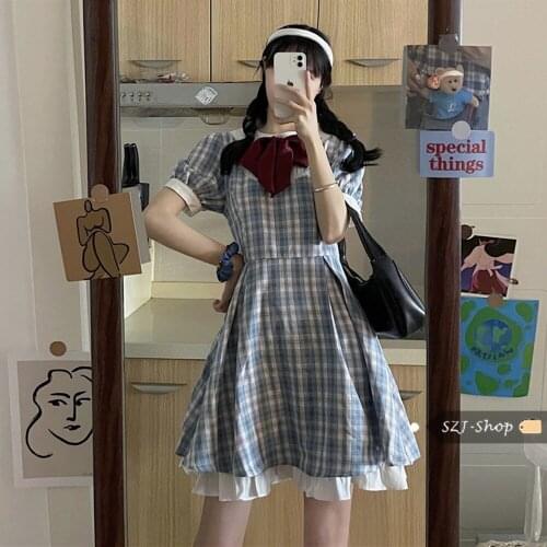 Japanese Lolita Style Women Princess Plaid Mini Dress O-Neck Bow High Waist Summer Dress Puff Sleeve Ruffles Party Dresses