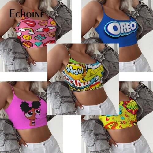 Echoine Women Fashion Cartoons Print Crop Vest Top Casual Summer Stylish Ladies Clubwear Camisole Sexy Club Party Tank Tops