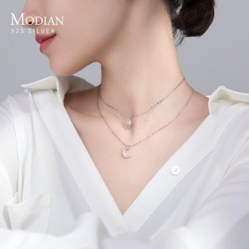 Modian HOT Sale 925 Sterling Silver Shining Zircon Stackable Star Moon Pendant Necklace for Women Wedding Party Fine Jewelry