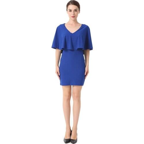 2022 Summer Spring Blue Black Dress Half Batwing Sleeve Mini V Neck Elegant Pencil Bodycon Ladies Dress AB413