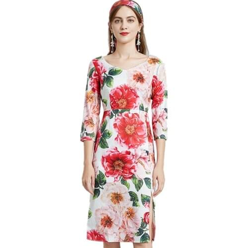 2021 New Spring Summer Women V-Neck Three Quarter Sleeve Dress Romantic Sicily Flowers Print Split Hem Slim Pencil Dress