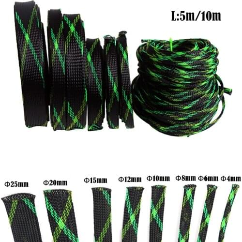 5M PET Braided Black&Green&Yellow Expandable Sleeve Wire Cable Sleeve High Density Sheathing PC Cable Organizer 4-25mm