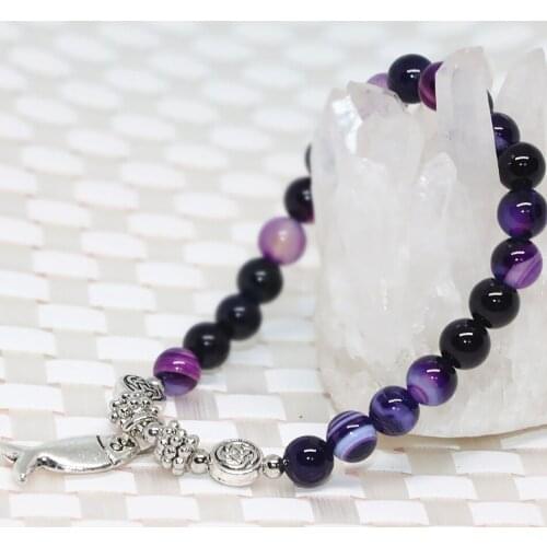 Charms Strand Bracelet Natural Purple Carnelian Agat Onyx Semi-precious Stone 6mm Round Beads Fish Pendant Jewelry 7.5inch B1923
