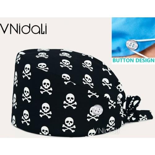 Black Skull printing medical surgical cap nurse hair care Baotou scrub cap beauty salon nursing cap with Protect Ears Button