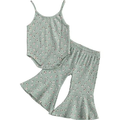0-3Y Summer Lovely Baby Girls Clothes Sets Flowers Printed Sleeveless Romper Tops Flare Elastic Pants