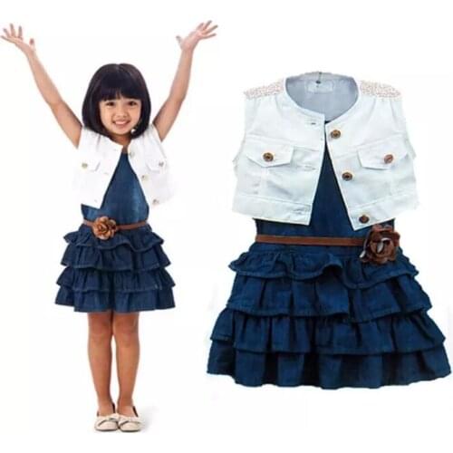 Girls Set Vest Denim Dresses Baby Dress The Single 2017Summer Short-sleeved Childrens Suit Dresses Set Childrens Wear Suit