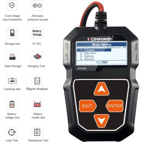 KONNWEI KW208 Car Battery Tester Motorcycle Battery Analyzer 12V 100 to 2000CCA Battery Load Plug Charging Test Cranking Test