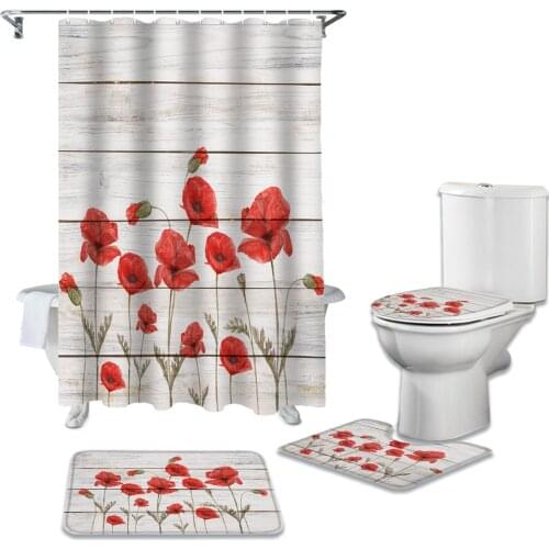 Red Poppy Board Grain Shower Curtain Toilet Seat Cover Set Wc Accessories Mat Bathroom Decor Bath Curtains