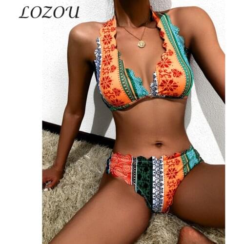 Fashion Bikini 2 Piece Swimsuit Set Female Swimwear Color Matching Bathing Women Bandage Beachwear Printed High Waist Sexy Split