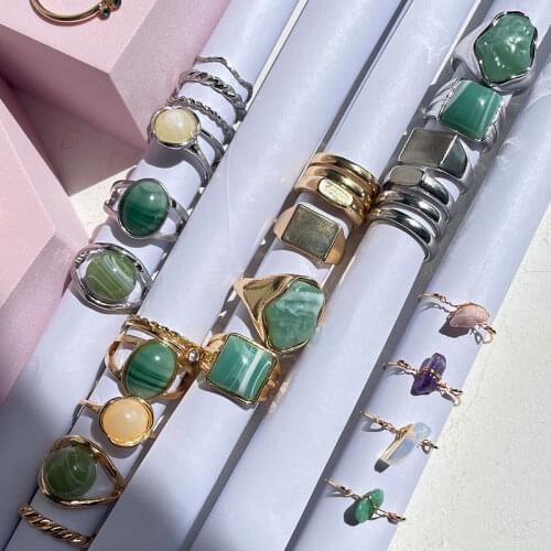 Trendy Retro Yin Yang Smiley Metal Zircon Natural Colorful Irregular Stone Ring Set for Women Party Jewelry HUANZHI 2021 New