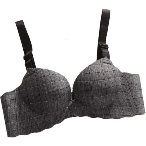 Lingerie bra sexy plaid pattern gathers wireless thick push up bra ladies women seamless underwear soft comfortable top
