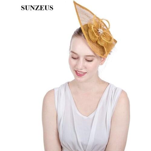 Water Drop Sharp Gold Wedding Hat for Women Linen Flowers Pearls Elegant Bridal Hats 2020 chapeau pour mariage SH90