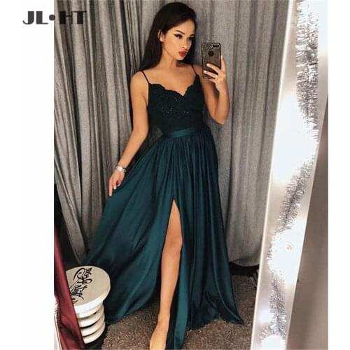 Teal Evening Dresses Long Spaghetti Straps V-Neck Prom Dress Satin Front Slit A-Line Evening Gowns