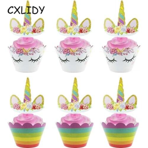 Rainbow Unicorn Cupcake Wrappers Cake Topper Happy Birthday Party Cake Decorations Baby Shower Unicorn Party Supplies Tableware