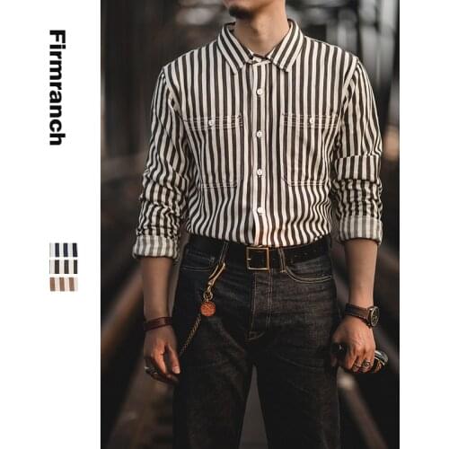 Firmranch Men/Women NEW High Quality Stripe Mans Shirt American Vintage Casual Wear Amekaji Long Sleeves Retro Cargo Blouse