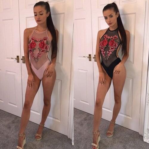 Sexy One Piece Swimsuit Push Up Perspective Mesh Swimwear Women Rose Embroidery Bathing Suit female Backless Biquini Monokini