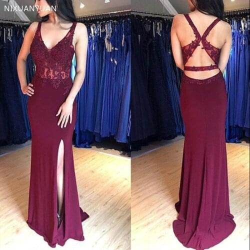 Burgundy Mermaid Prom Dresses 2021 Side Slit Womens Party Gown Cut Out Evening Dresses Banquet Robe De Soiree