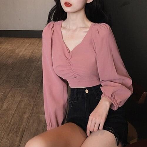 Bella philosophy Womens solid Tops Blouses Korean Sexy Corp Top V Neck Puff Sleeve Short Shirts Vintage Blouse Casual Pullovers