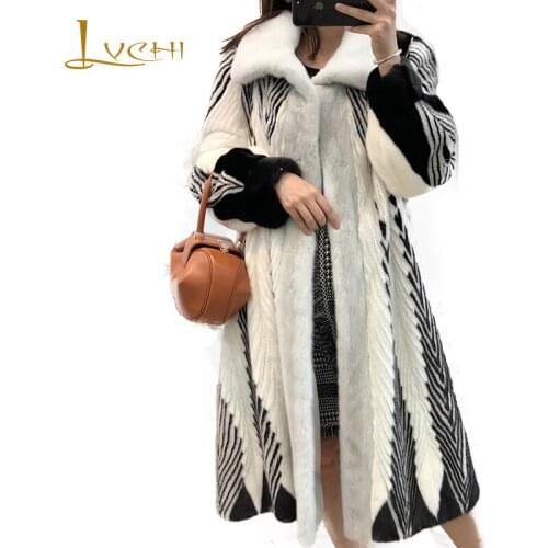 LVCHI Winter 2019 Import Real Mink Coat Womens Open strip Loss Heavy work Mink Coat Gradient Striped V-Neck X-Long Mink Coats