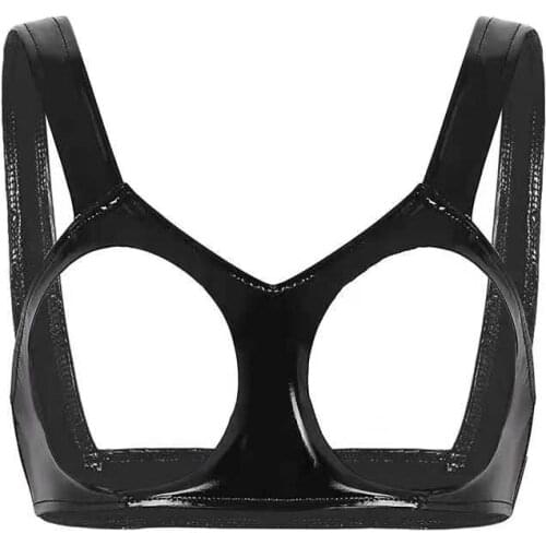 Women Sexy Glossy Leather Bra Hollow Out Erotic Breast Exposing Ladies Open Cup Latex Bra Shiny Wetlook Patent Leather Tops Sexi