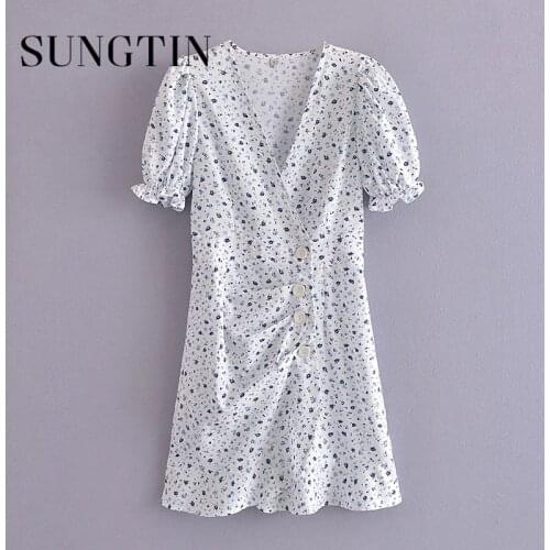 Sungtin V Neck Print Mini Dress Women Korean Flowers Puff Sleeve Sexy A Line Dresses Female Summer Vintage Vestidos Mujer 2021