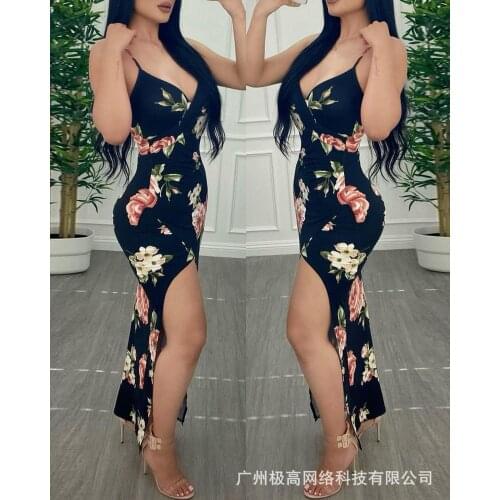 Womens 2021 new black flower sling split dress