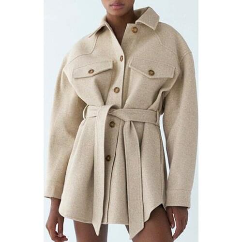 Autumn Winter Womens Vintage Woolen Coat Chic Sashes Long Sleeve Elegant Shirt Jacket Female Outwear Tops Casual Loose Overcoat