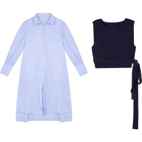 PERHAPS U Blue Solid Turn Down Collar Long Sleeve Button Pocket Shirt Dress Vest Knitted Two-piece Set Office Lady Autumn D1837
