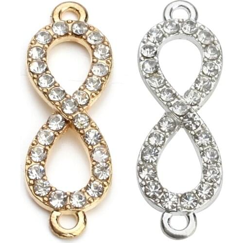 10pcs/lot Gold Silver Color 8 Shape Rhinestone Crystal Connector Charm Pendants Double Hole for Necklace Bracelet Findings