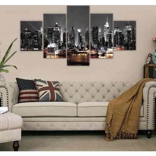 Canvas Painting Wall Art 5 Pieces New York City Construction Scenery Pictures Prints Night View Poster Home Decor Modular Framed