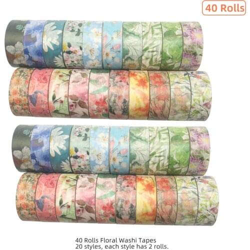 40 Rolls Washi Tape Set Floral Flower Leaves Plant Decorative Washi Masking Tapes 15mm Wide Adhesive Tape Sticker for DIY Art