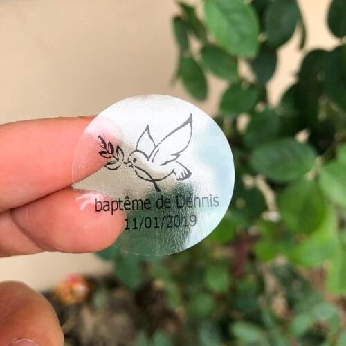 60 Baptism personalized text religious dove transparent round circle stickers custom invitation cards envelop seals favors tags