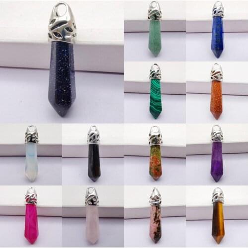 8x38MM Lapis Green Aventurine Sandstone Crystal Tigereye Rhodonite Carnelian Stone GEM Pillar Pendant Jewelry For Gift 1 PCS