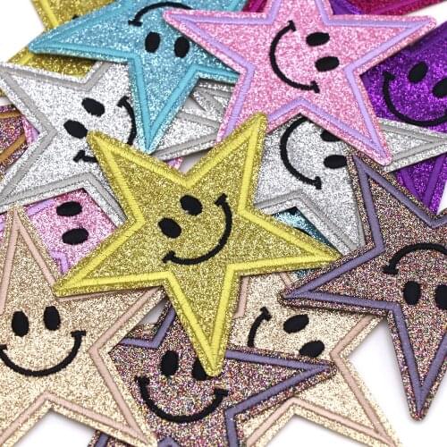 9Pcs/lot Glitter Smile Star Patches Smile Face Embroidered Patches For Clothes Iron on Patches Applique For Kids Sew Accessories