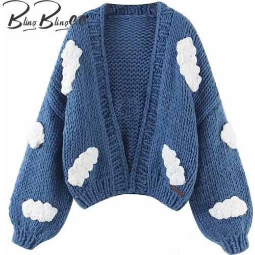 BlingBlingee Za 2021 Woman Casual Chunky Knit Cardigan Traf Autumn Winter Clouds Pattern Crop Tops Open Front Hand Made Sweaters