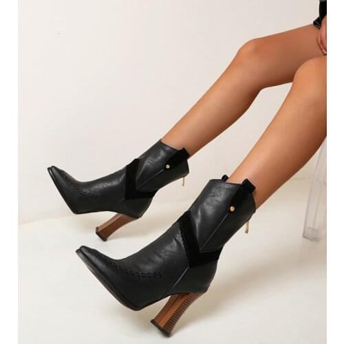 European and American bow pointed thick high heel medium boots large 44 45 46 47 48 fashion boots