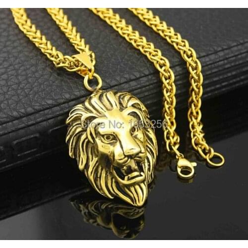 Bling Gold Lion Head pendant Charm necklace Wheat Chain-Mens Biker Stainless Steel Jewelry 22