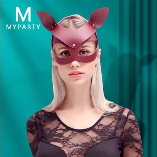 New Cat Mask With Ear Cosplay Roleplay Fox Face Mask Black Sexy Bdsm Kitten Genuine Leather Cat Mask Women Halloween Party Mask