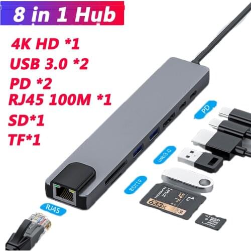 Type C Hub To 4K HDMI USB C Dock Converter Rj45 PD Charging SD&TF Card Reader Adapter for MacBook Pro Laptop Dock Station