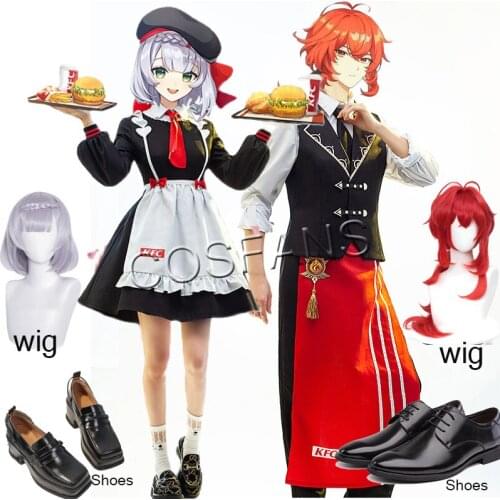 Game Genshin Impact Cosplay Halloween Noelle/Diluc Cosplay Genshin Impact KF C Noelle/Diluc Costume Cosplay Halloween Wigs shoes