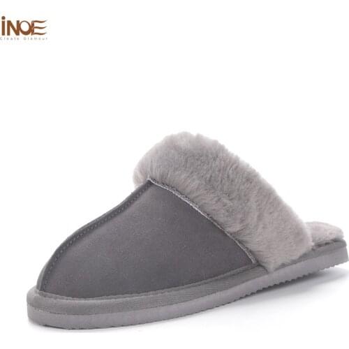 INOE Cow Suede Leather Men Casual Winter Slippers Plush Fur Lined Warm Half Home Shoes Warm Comfortable Leisure House Flats