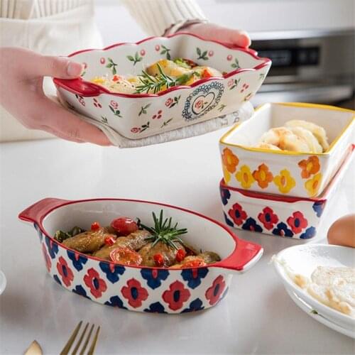 Ceramic Baking Dish Roasting Lasagna Pan Rectangular Dish Bakeware with Handle Creative Microwave Hand-Painted Dessert Plate