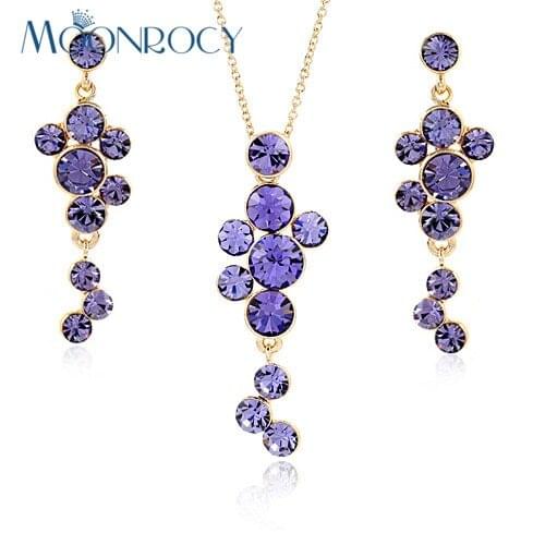 MOONROCY Free Shipping Purple Necklace and Earring set wholesale Rose Gold Color Crystal Jewelry Sets for Women Gift