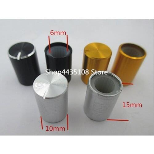 10pcs black silver aluminum alloy knob switch cap / 10mm * 15mm hole 6MM amplifier audio volume potentiometer DIY knob cover