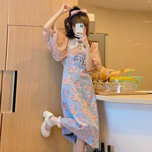 Sweety College Style Woman Kawaii Square Collar Cute Sleeveless Denim Vintage Floral A-Line Princess Strap Dresses For Female
